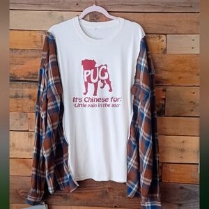 Upcycled Plaid Sleeve Pug Graphic Shirt